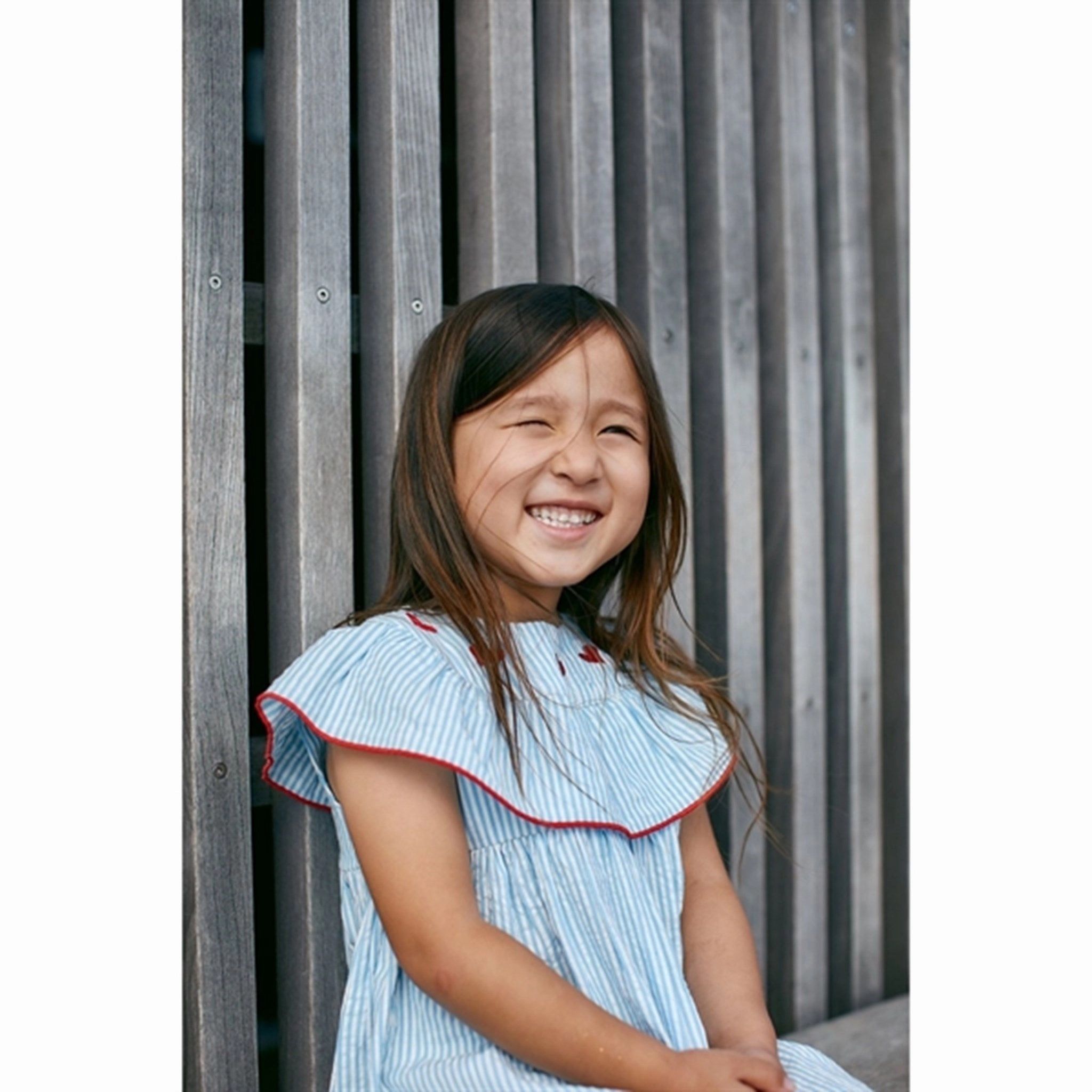 Pocket Copenhagen Colors Sky Blue W Cream Stripe Seersucker Dress w. Hearts