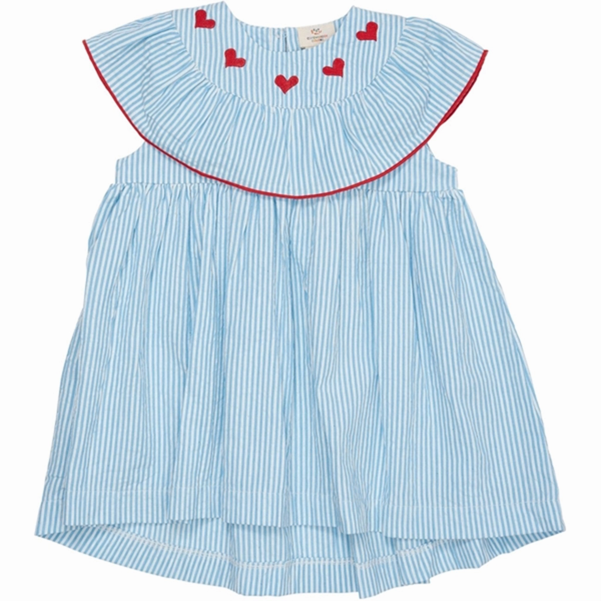 Pocket Copenhagen Colors Sky Blue W Cream Stripe Seersucker Dress w. Hearts Polished