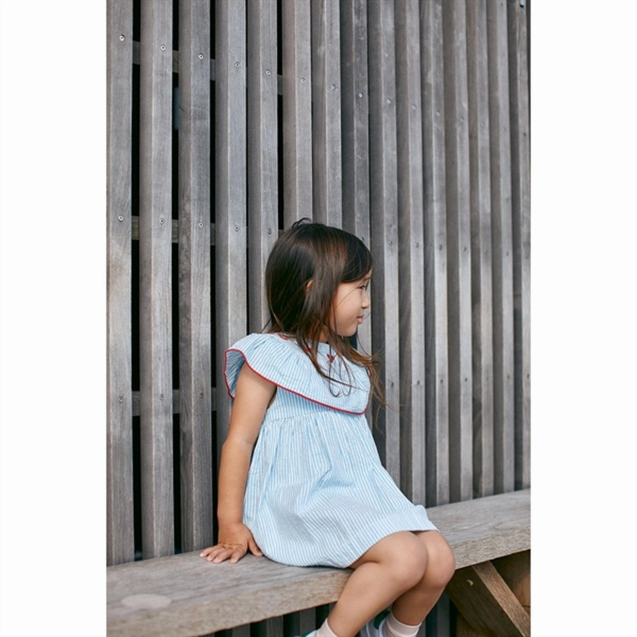 Pocket Copenhagen Colors Sky Blue W Cream Stripe Seersucker Dress w. Hearts