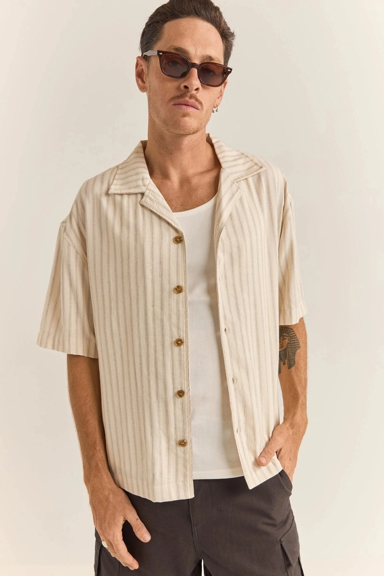 Relaxed Stripe Short Sleeve Shirt Natural sale food sale fashion