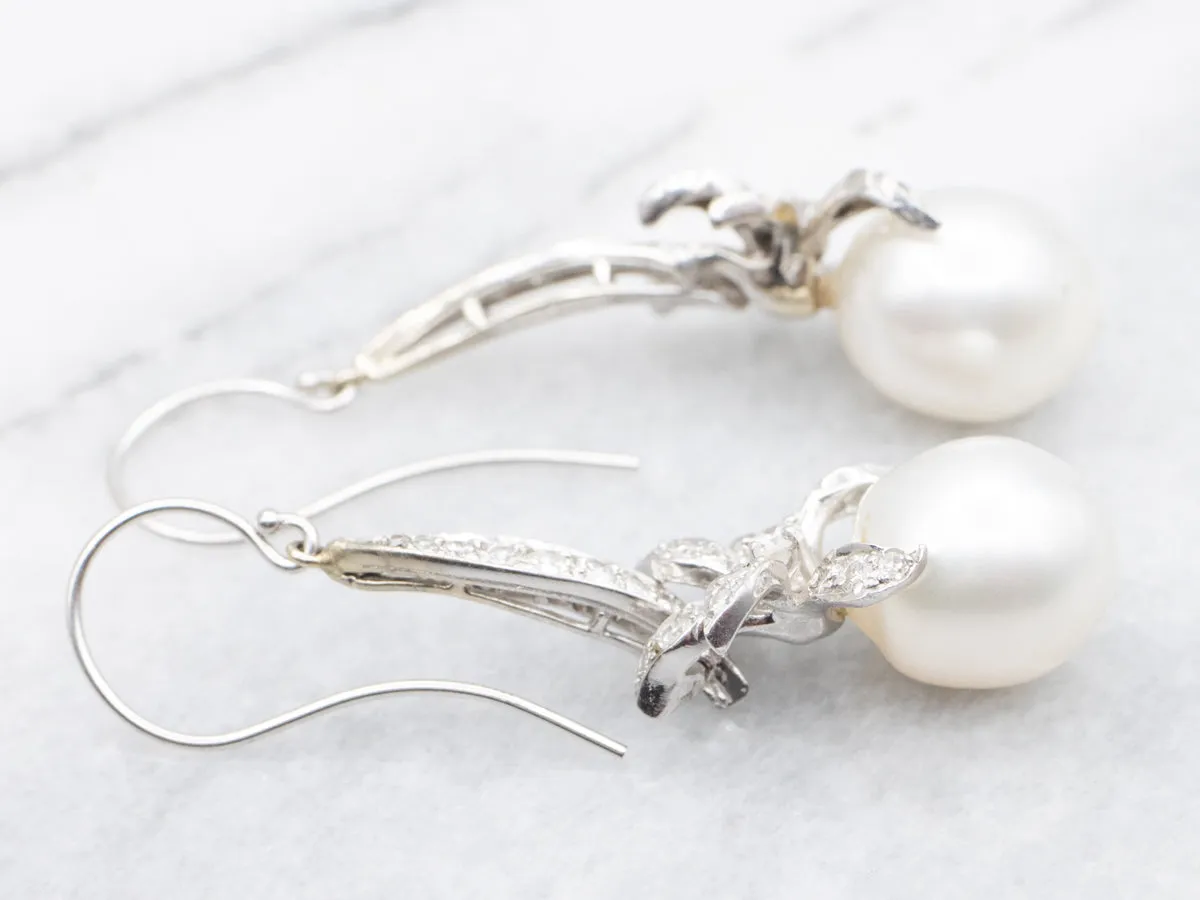 Retro Style Baroque Pearl and Diamond Drop Earrings