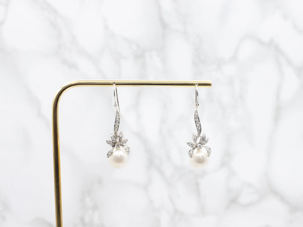 Retro Style Baroque Pearl and Diamond Drop Earrings