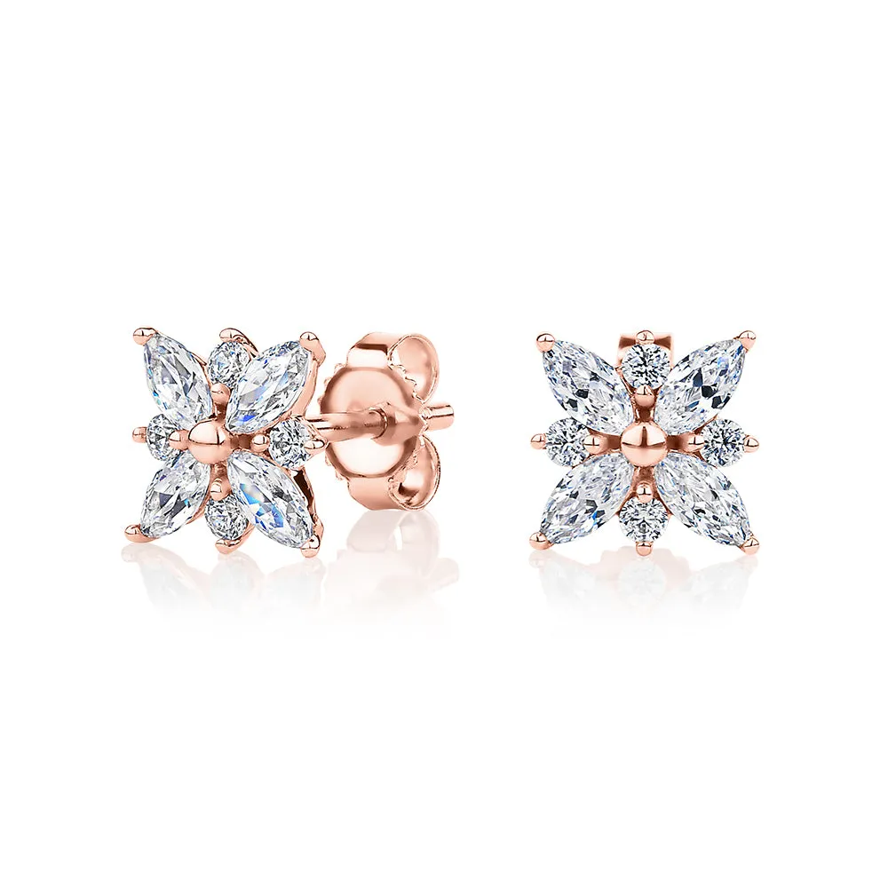 Round Brilliant and Marquise stud earrings with 0.84 carats* of diamond simulants in 10 carat rose gold