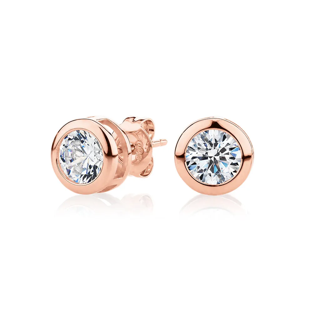 Round Brilliant stud earrings with 2 carats* of diamond simulants in 10 carat rose gold