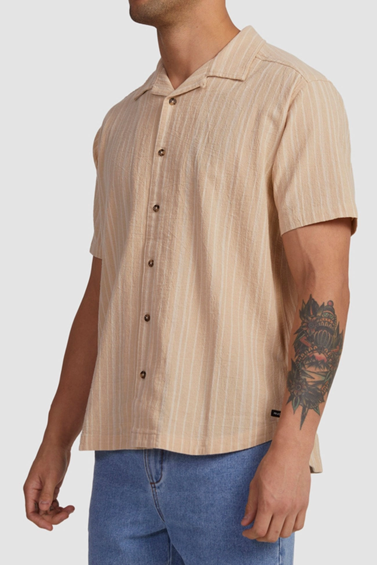 sale agreement Beat Stripe Short Sleeve Shirt Tan