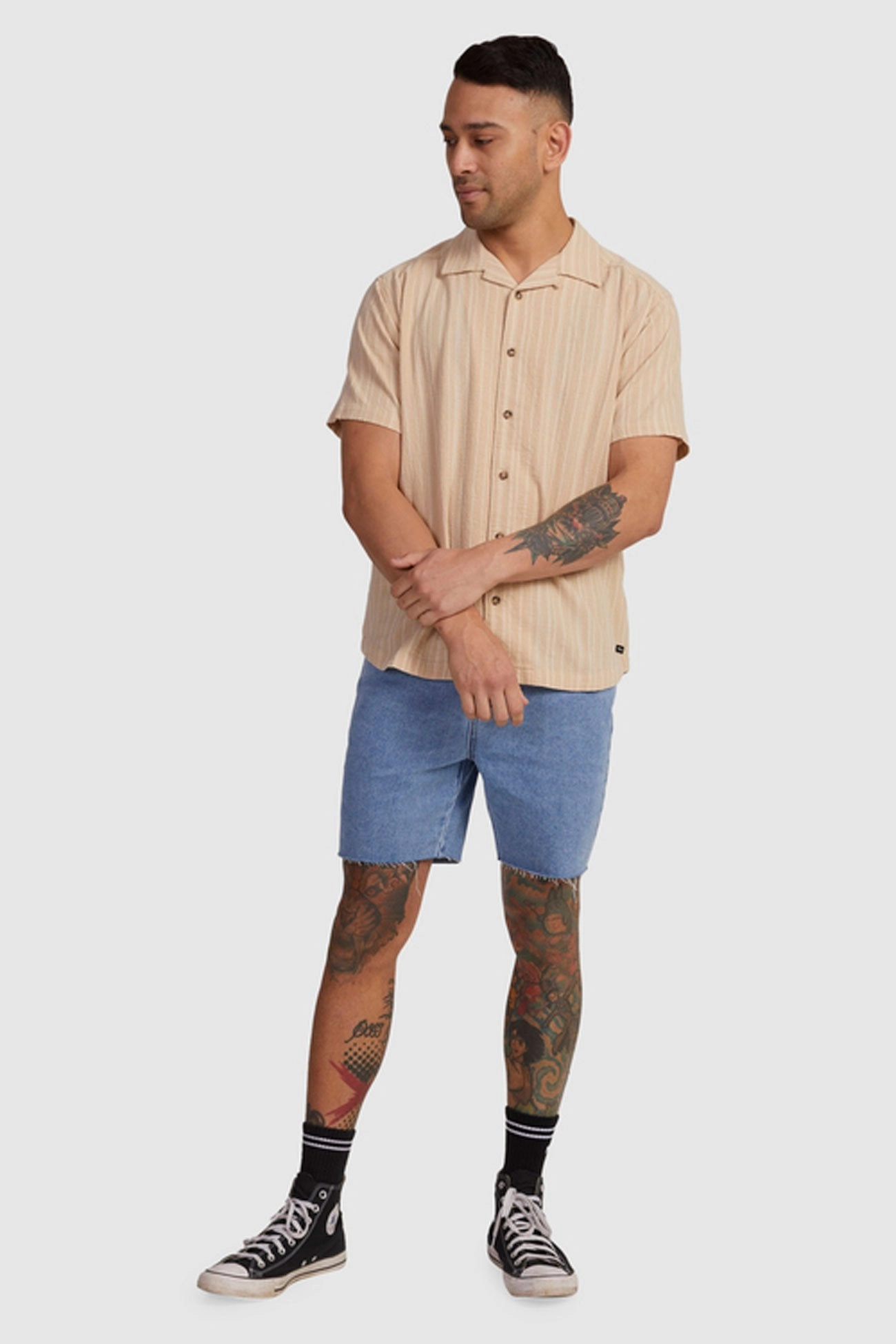 sale agreement Beat Stripe Short Sleeve Shirt Tan