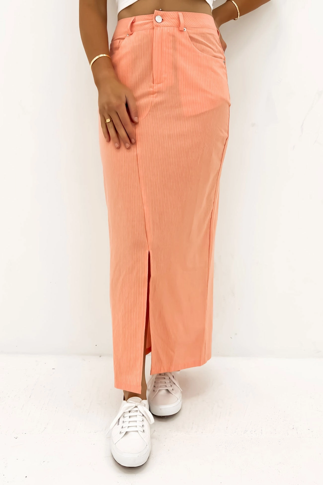 sale deed Liberty Maxi Skirt Neon Peach White Stripe