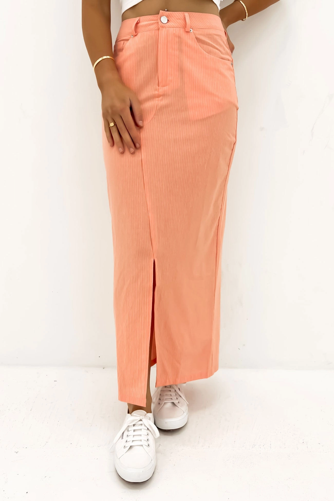 sale deed Liberty Maxi Skirt Neon Peach White Stripe