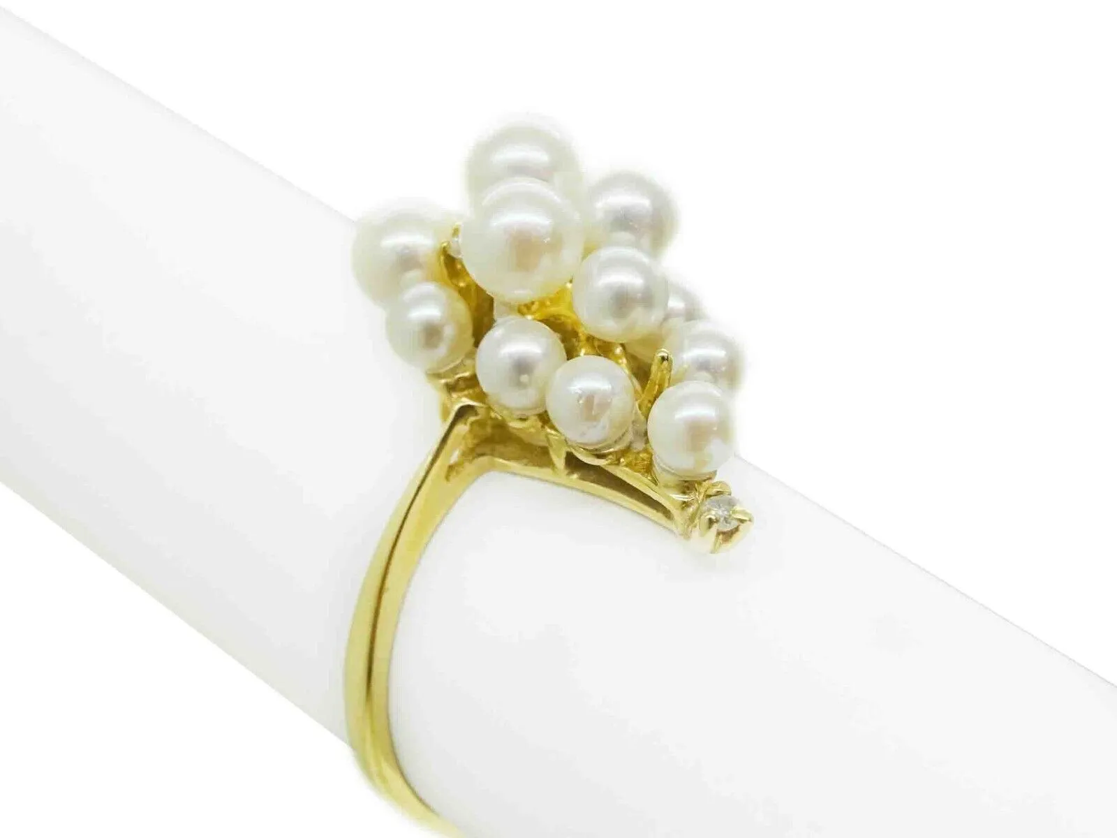 Saltwater Pearl Bubble Cluster & Diamond Accent Band Ring 14k Gold Size 8