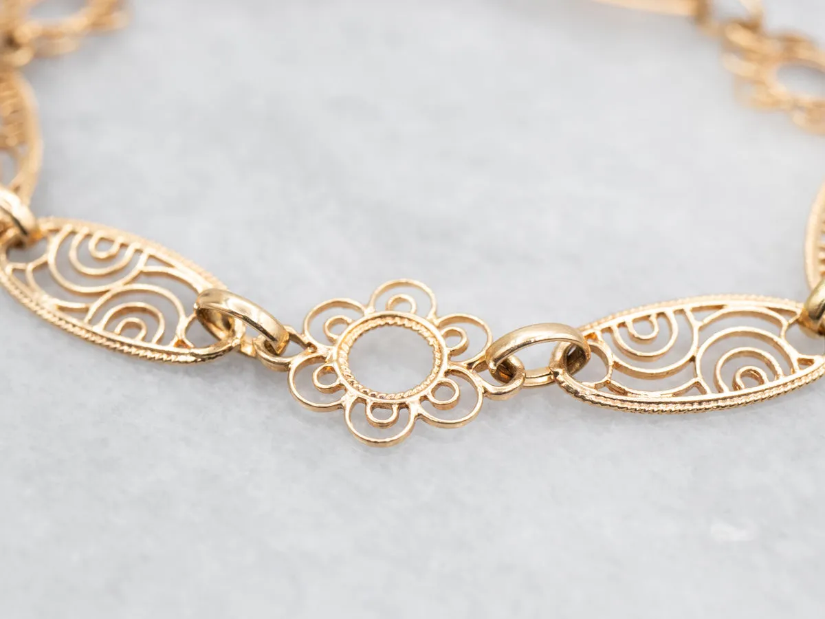 Scrolling Floral and Gold Filigree Link Chain Bracelet