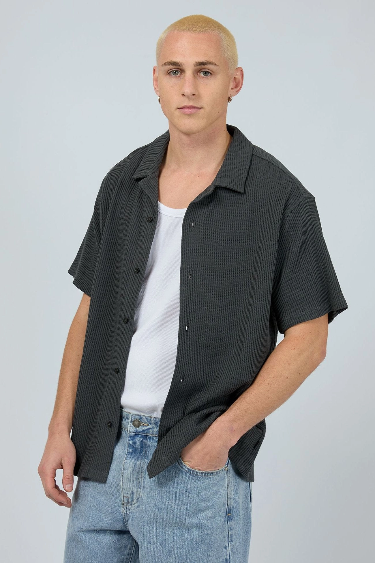Session Waffle Short Sleeve Shirt Charcoal varley sale
