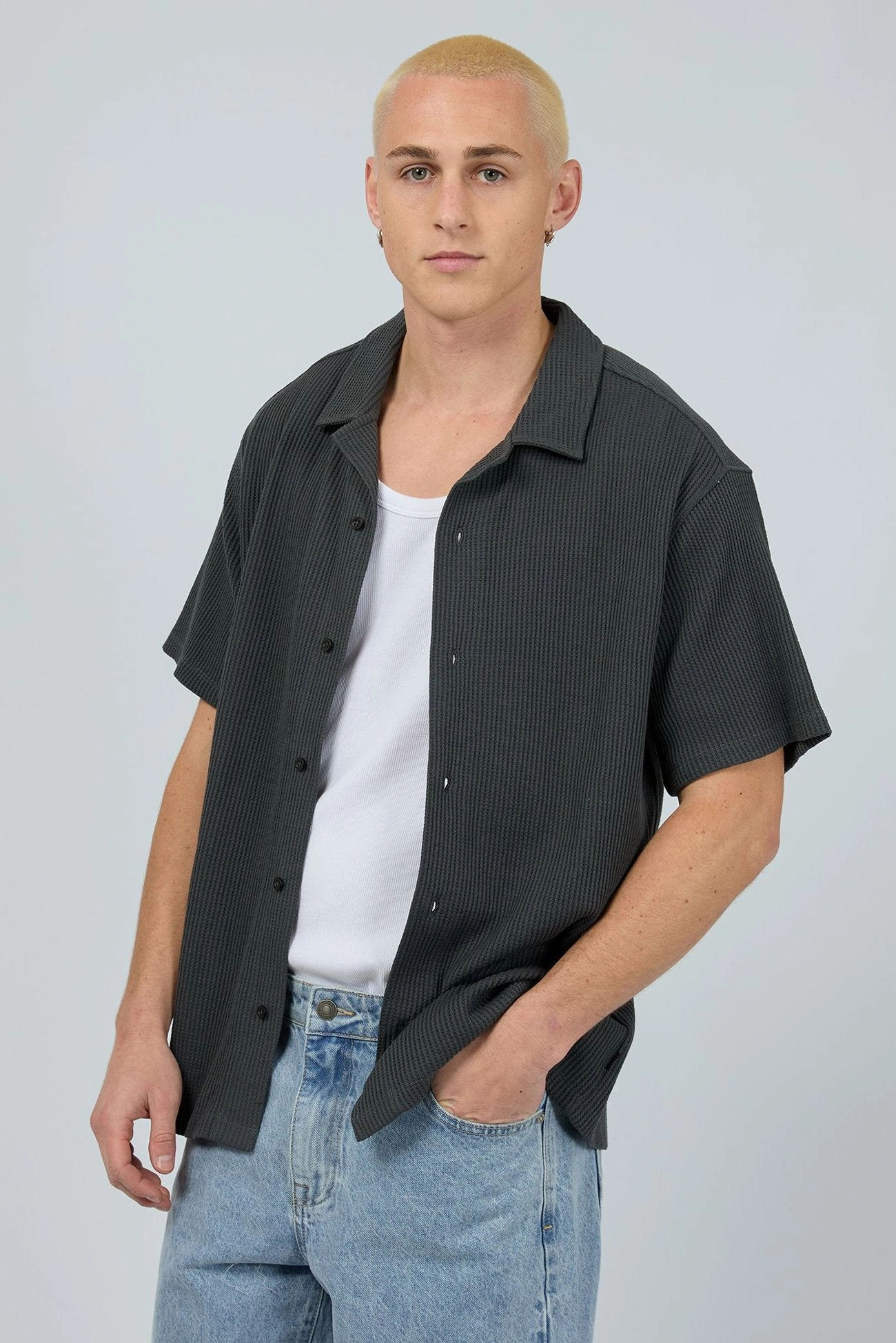 Session Waffle Short Sleeve Shirt Charcoal varley sale