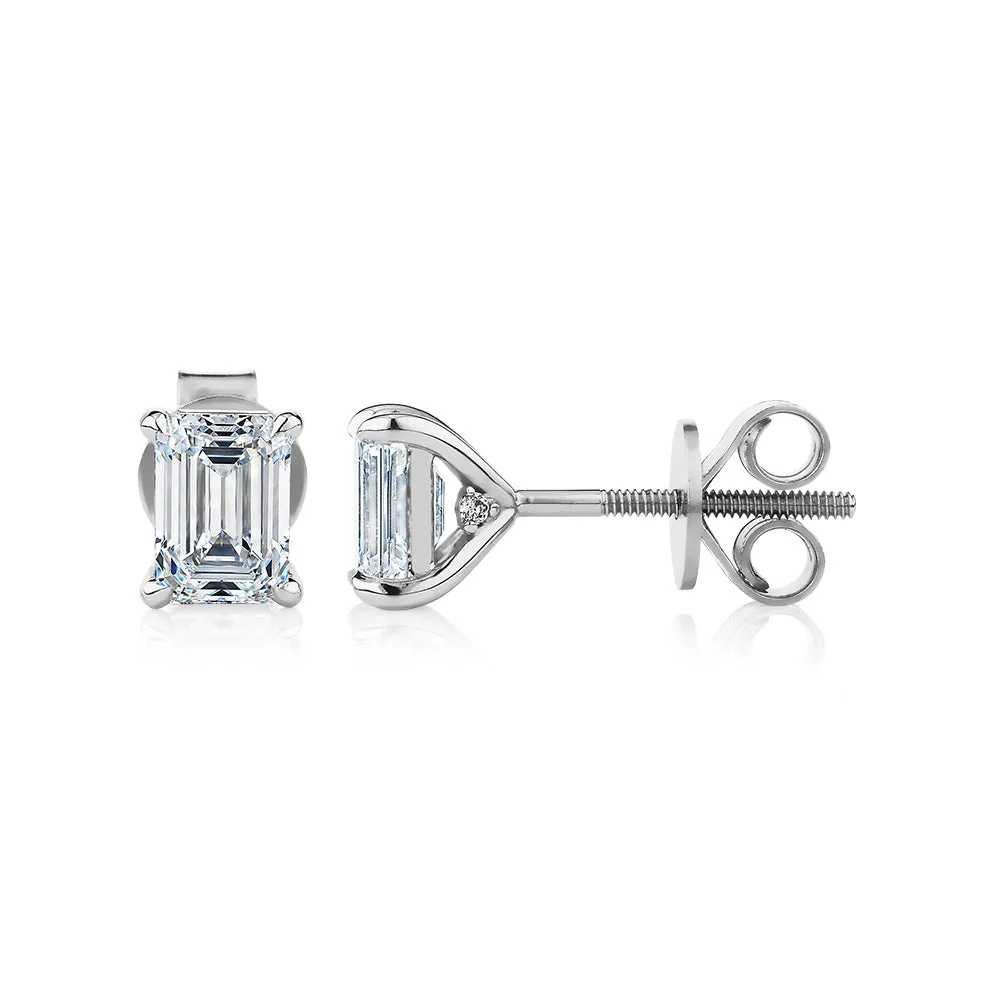 Signature Simulant Diamond 1.40 carat* TW emerald cut stud earrings in 14 carat white gold