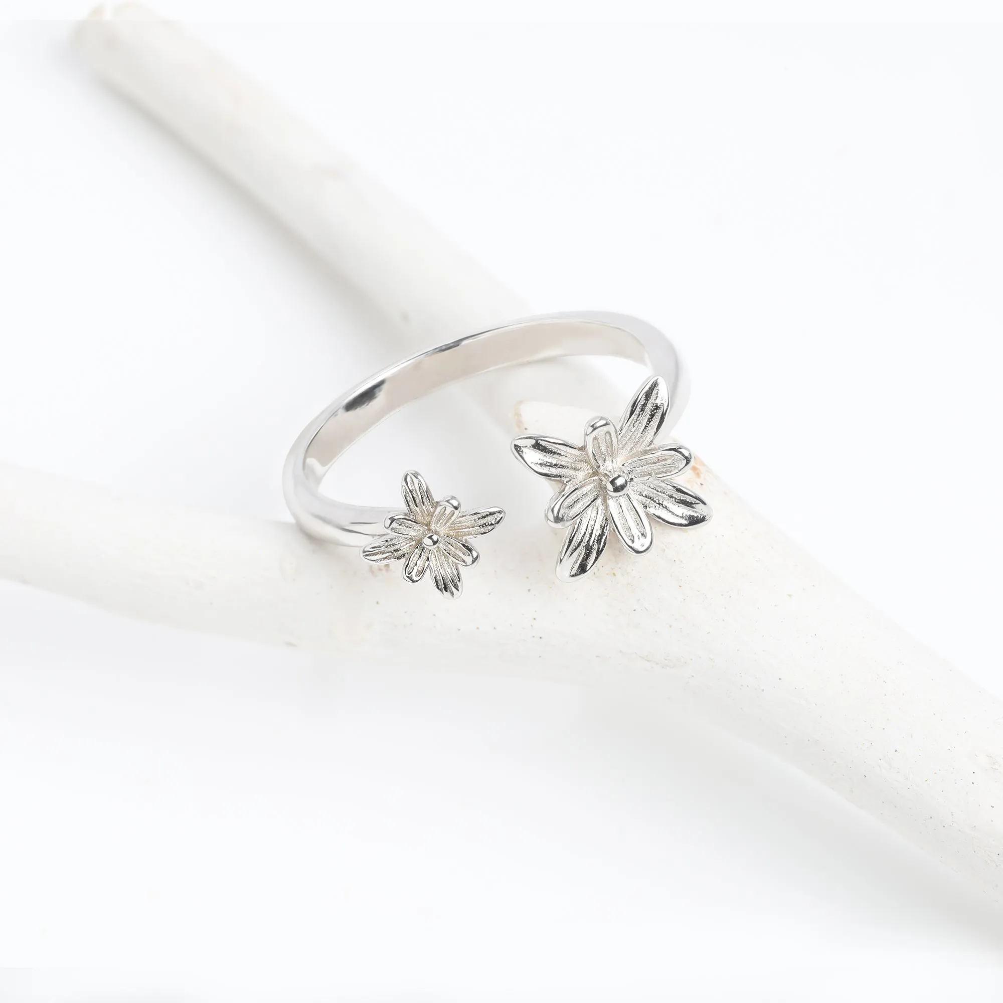 Silver Dual Blooming Flower Ring