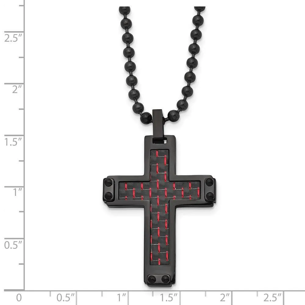 Stainless Steel Polished Black IP Blk/Red Carbon Fiber Inlay Cross Necklace