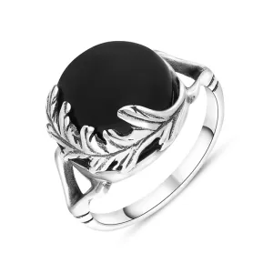 Sterling Silver Whitby Jet Round Acanthus Leaf Ring