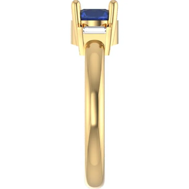 Three-stone Yellow Gold Australian Sapphire with Accent Baguette Diamond Engagement Ring