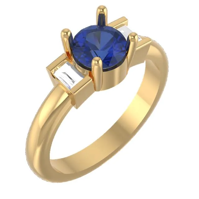 Three-stone Yellow Gold Australian Sapphire with Accent Baguette Diamond Engagement Ring
