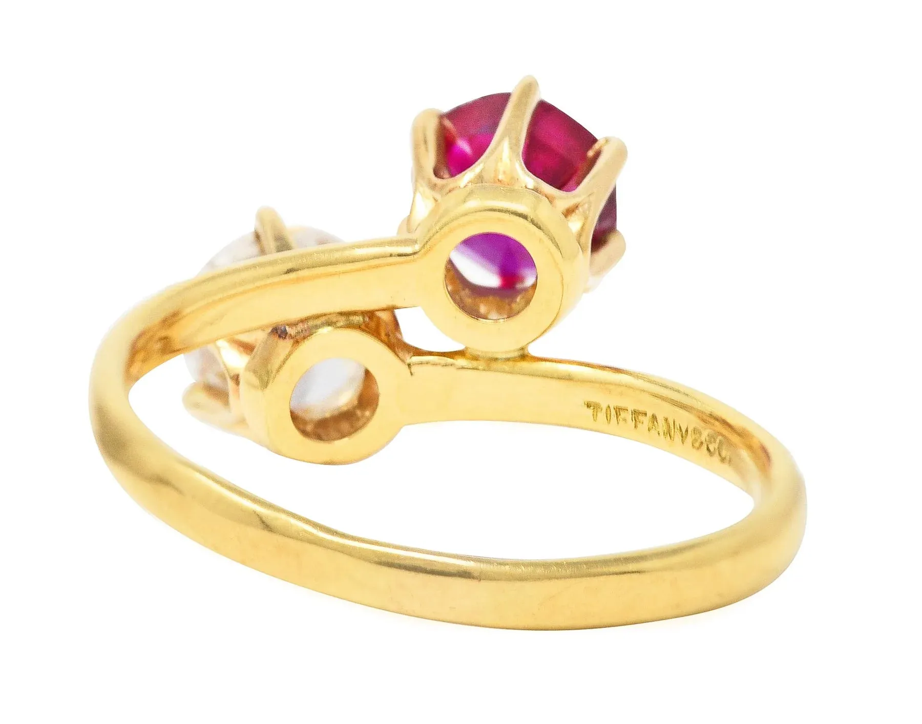 TIFFANY & CO. VICTORIAN 1.08 CTW RUBY OLD EUROPEAN CUT DIAMOND ANTIQUE TOI ET MOI BYPASS RING