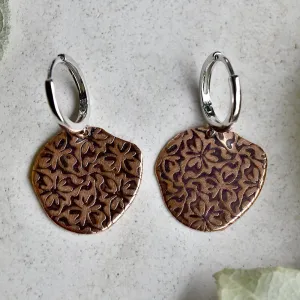 'Trillium' Silver Huggie Hoop with Patterned Copper Drop