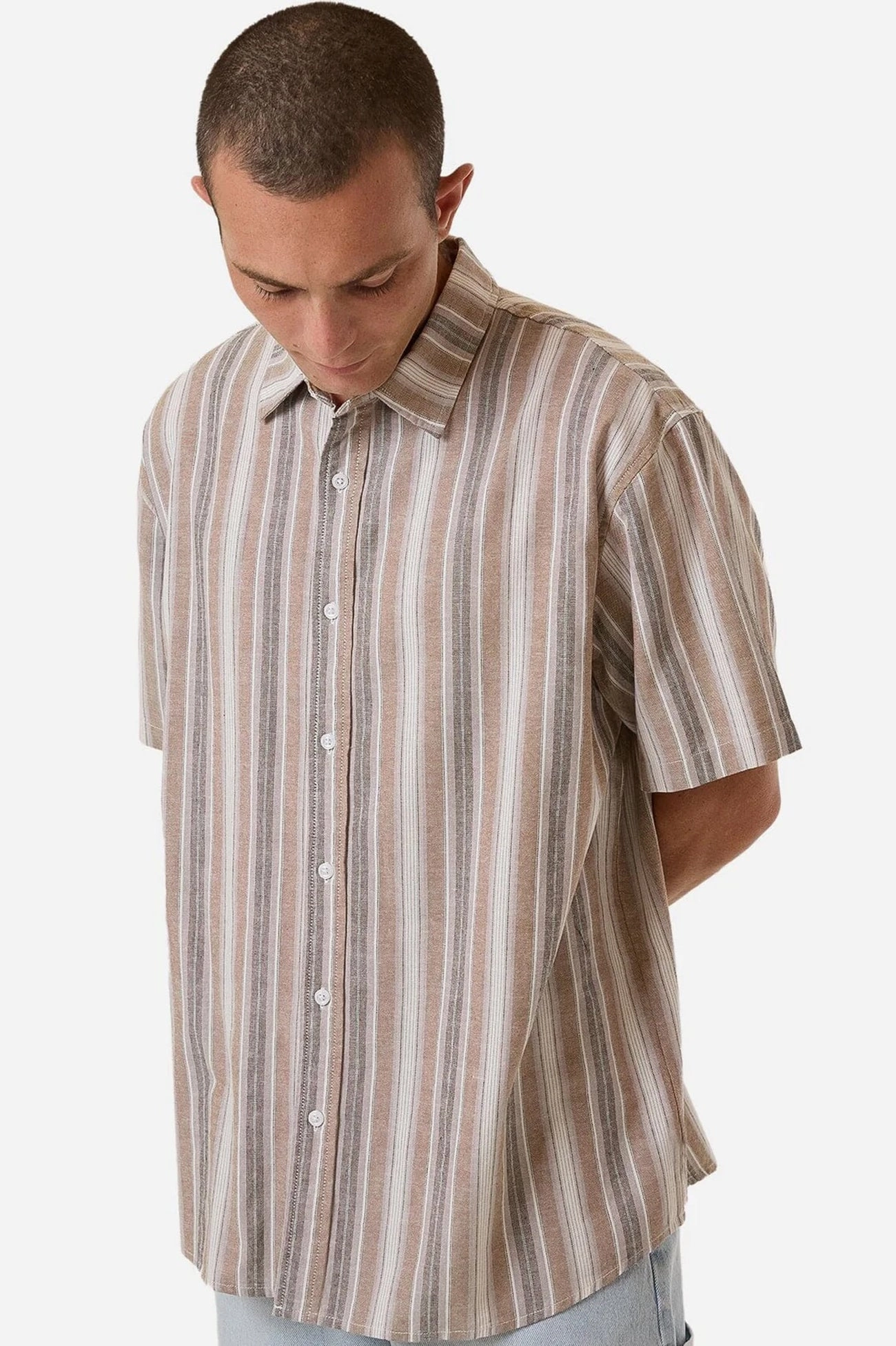 Unlocked Stripe Short Sleeve Shirt Breen bed sale queen