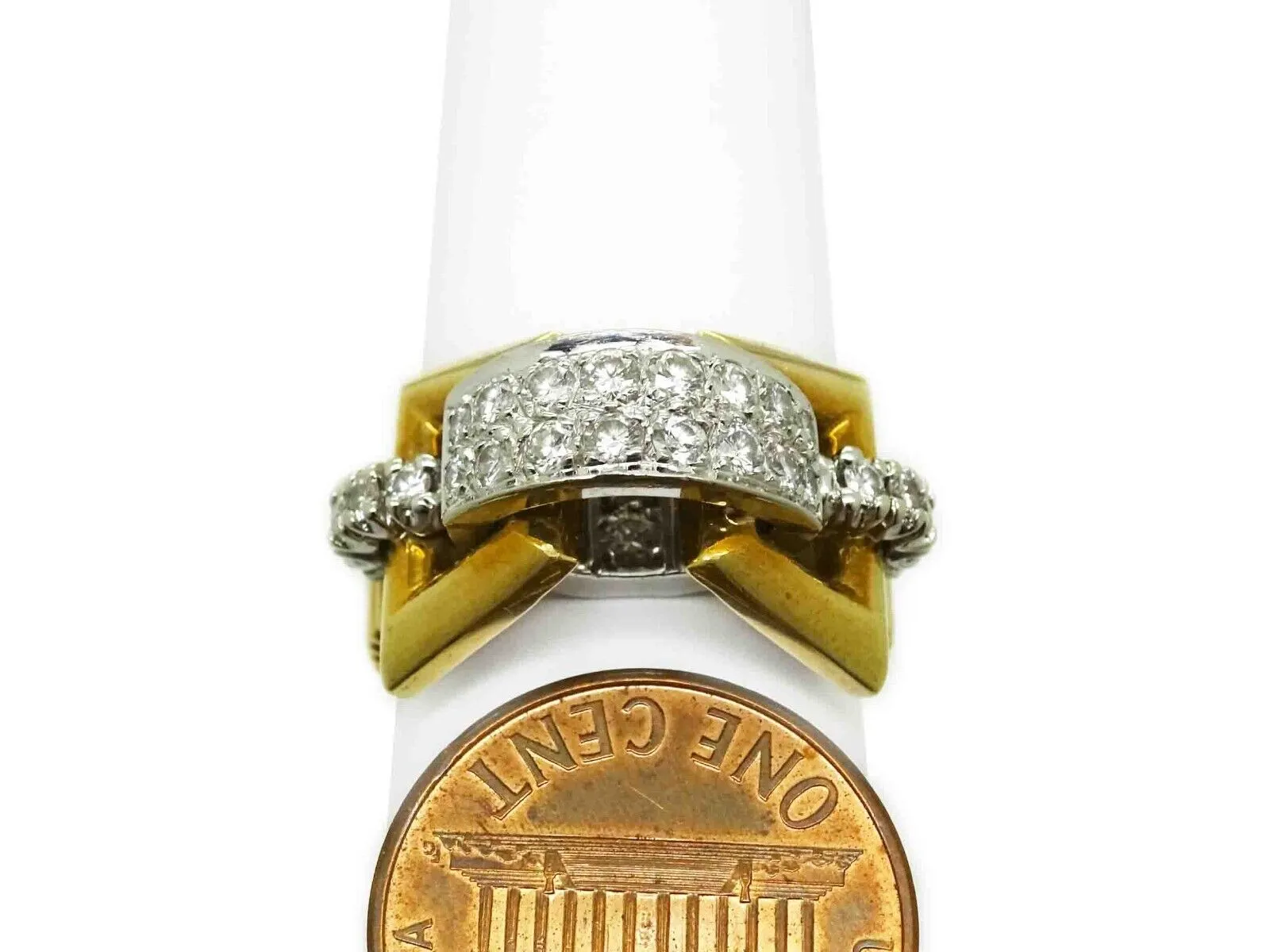 Vintage 1.00ct tw Diamond Buckle Design Band Ring 18k Two-Tone Gold Size 7.5